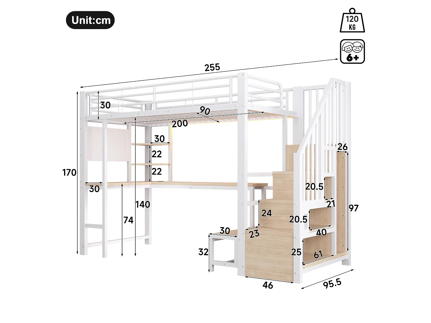 Loft bed 90 x 200 cm with desk, pegboard, shelves, LED and USB/USB-C ports - Metal + MDF - White (Mattress not included)