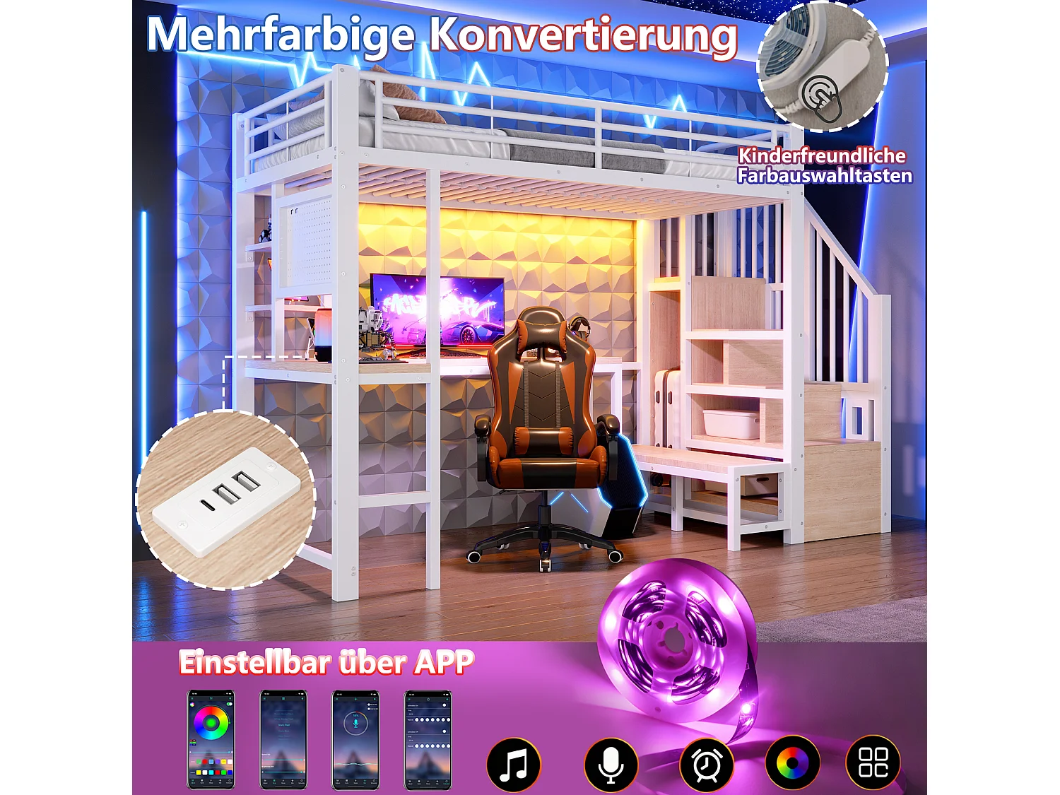 Loft bed 90 x 200 cm with desk, pegboard, shelves, LED and USB/USB-C ports - Metal + MDF - White (Mattress not included)