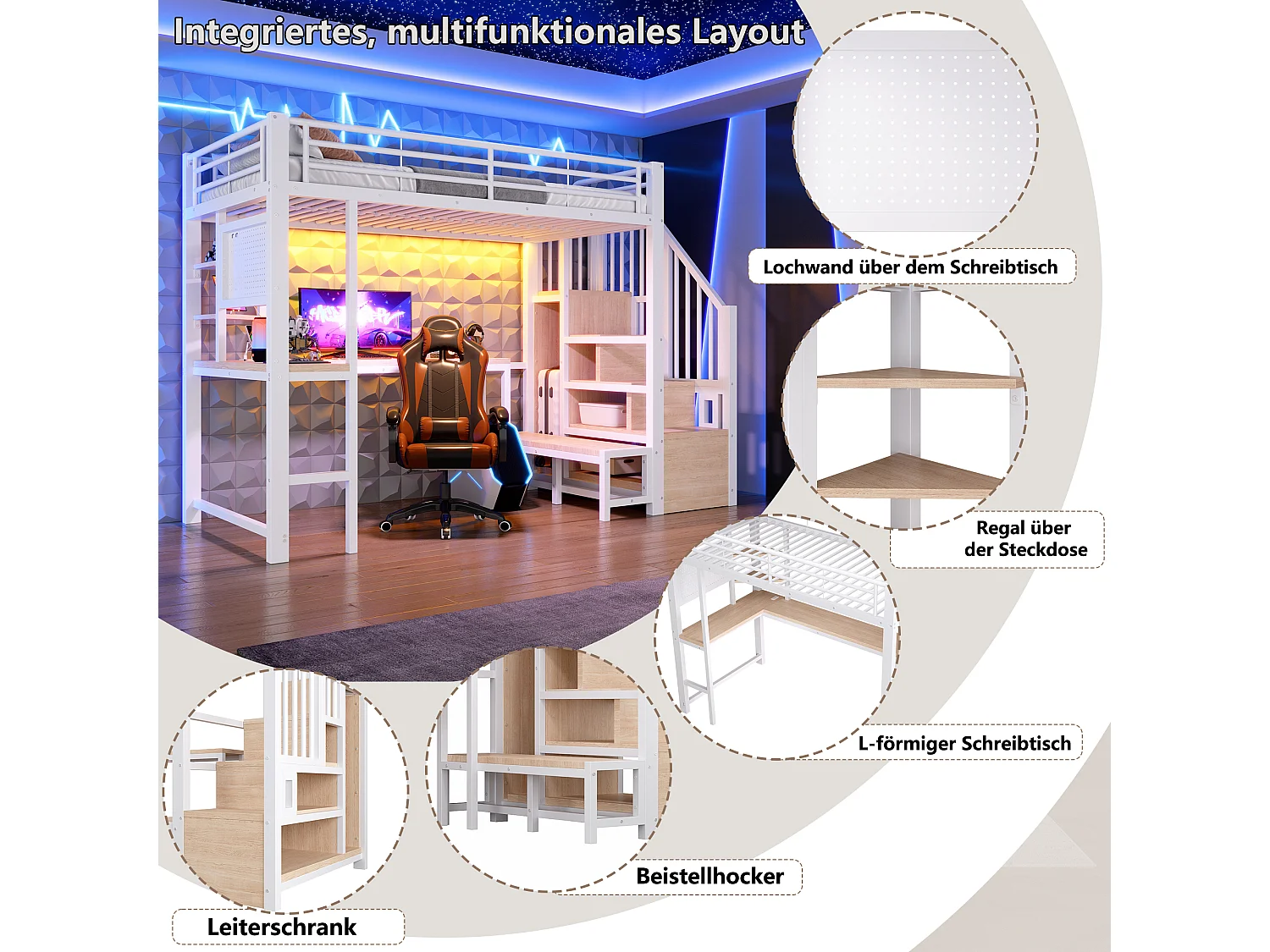 Loft bed 90 x 200 cm with desk, pegboard, shelves, LED and USB/USB-C ports - Metal + MDF - White (Mattress not included)