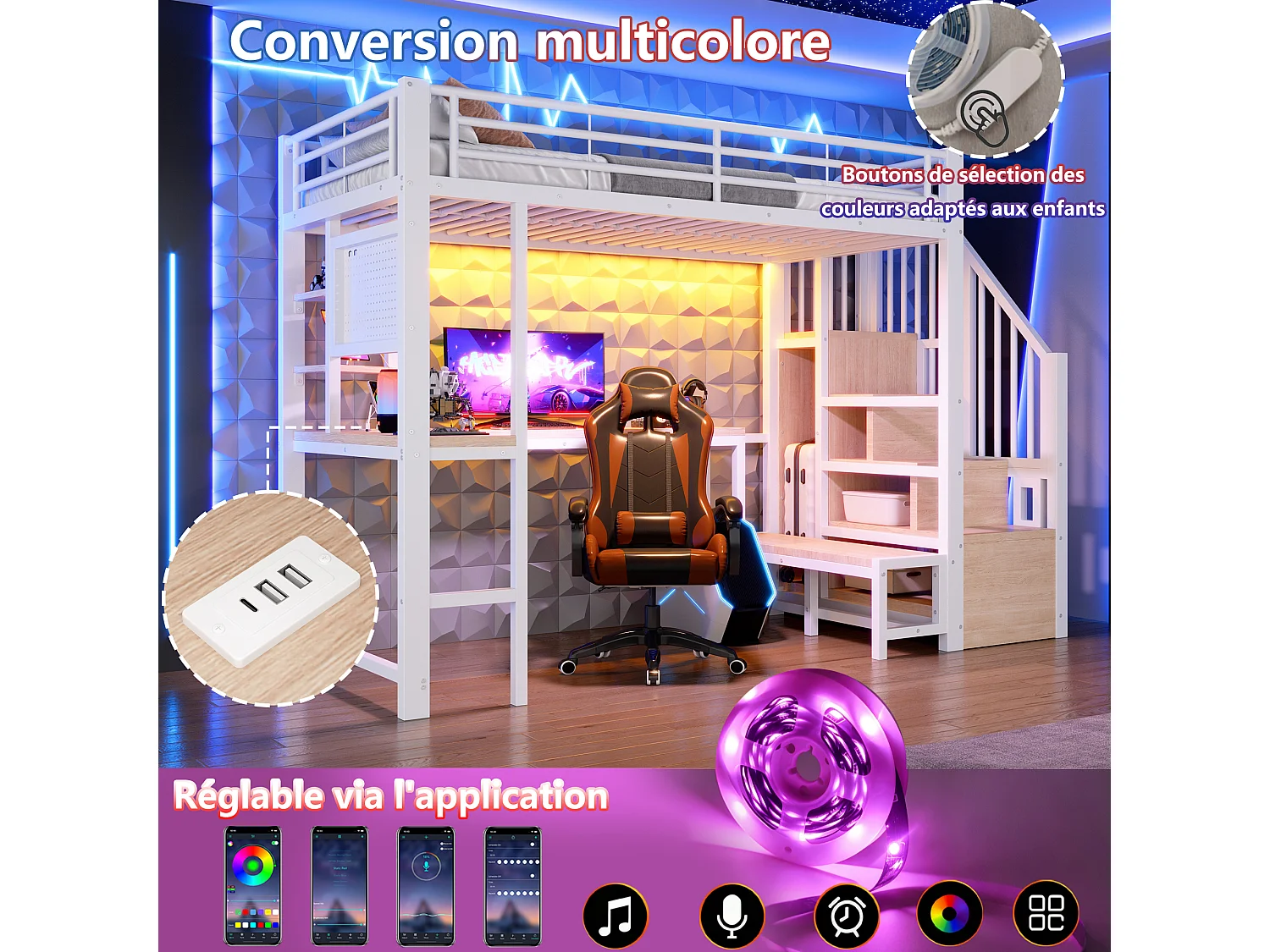 Loft bed 90 x 200 cm with desk, pegboard, shelves, LED and USB/USB-C ports - Metal + MDF - White (Mattress not included)