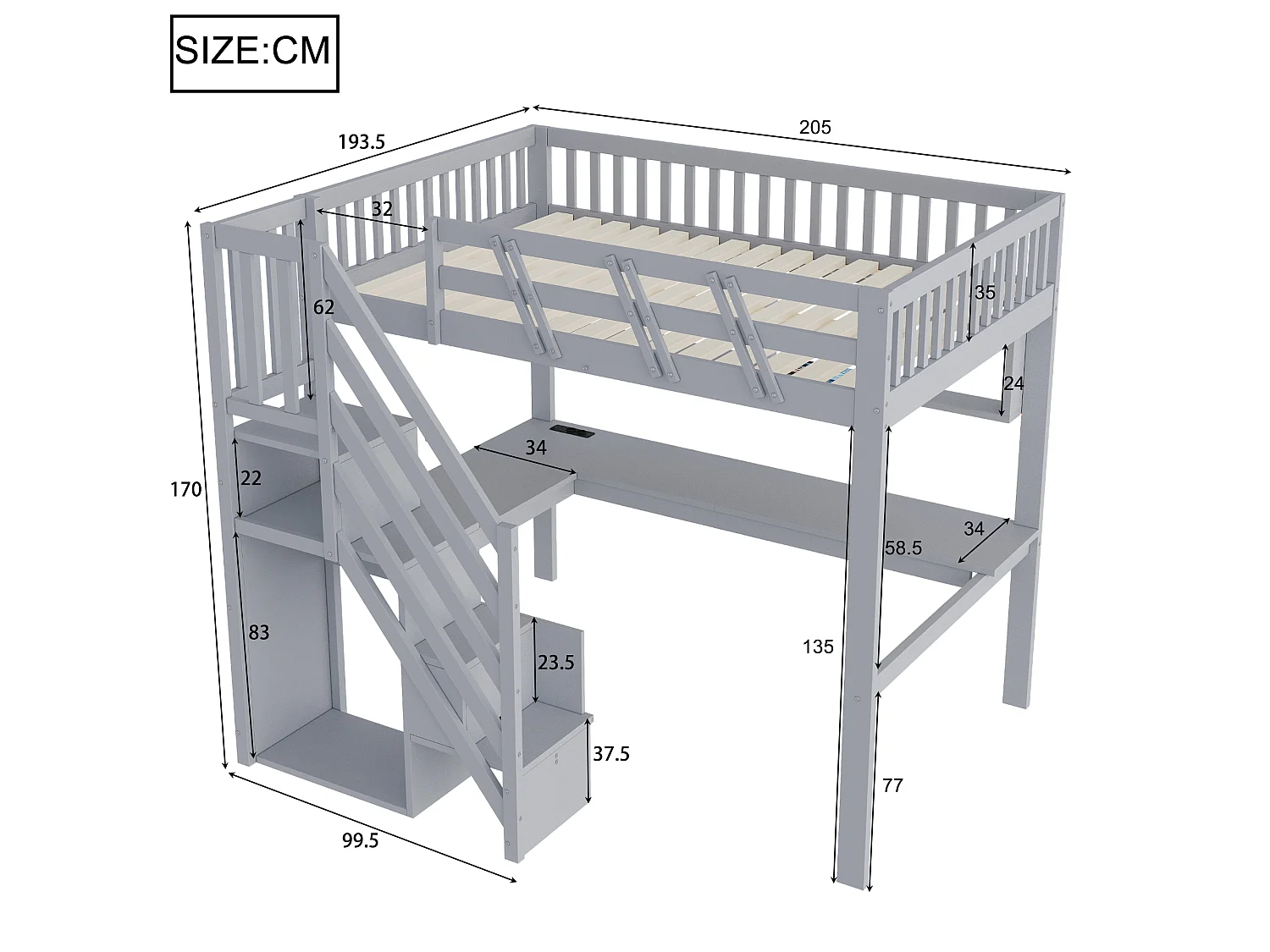 Hoogslaper 90 x 200 cm met hoekbureau, open kledingkast, planken, stopcontacten en ledverlichting - Hout - Grijs (Matras niet inbegrepen)