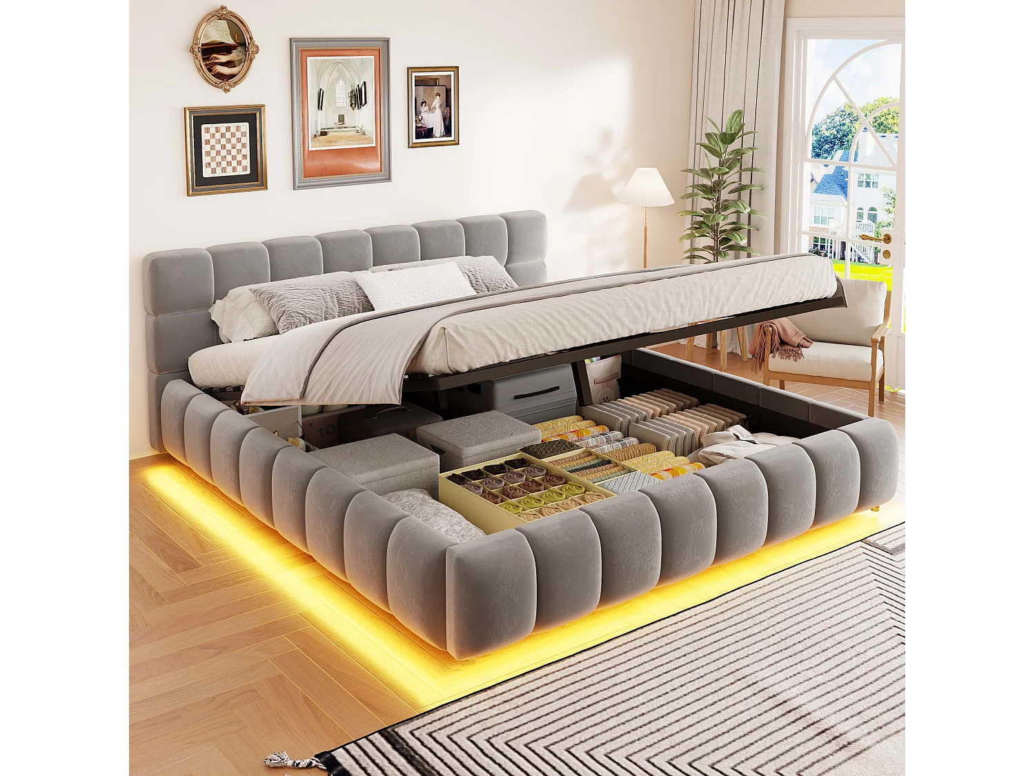 Opbergbed van 160 x 200 cm met hydraulisch opbergsysteem en ledverlichting - Fluweel - Grijs (Matras niet inbegrepen)