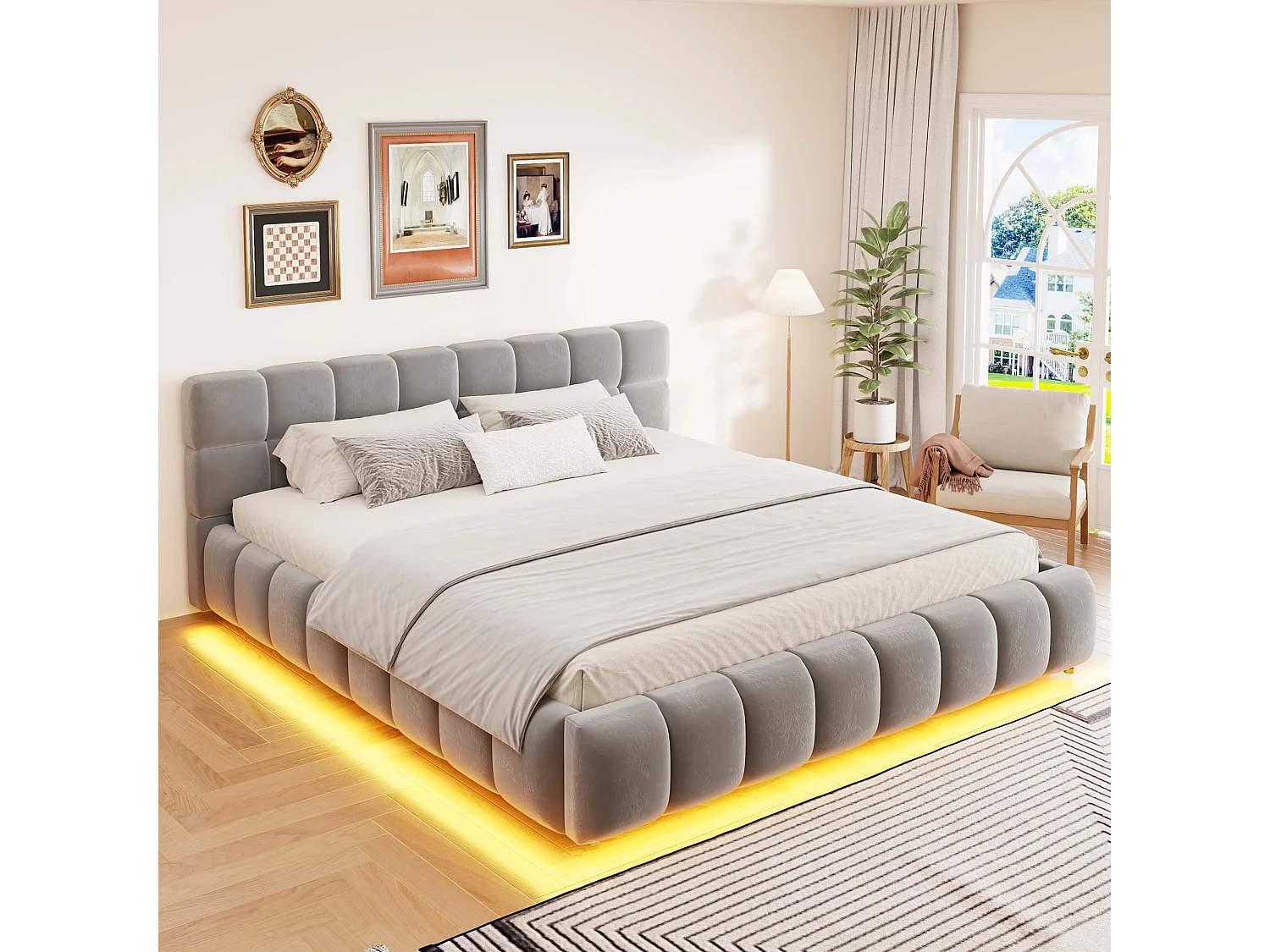 Opbergbed van 160 x 200 cm met hydraulisch opbergsysteem en ledverlichting - Fluweel - Grijs (Matras niet inbegrepen)