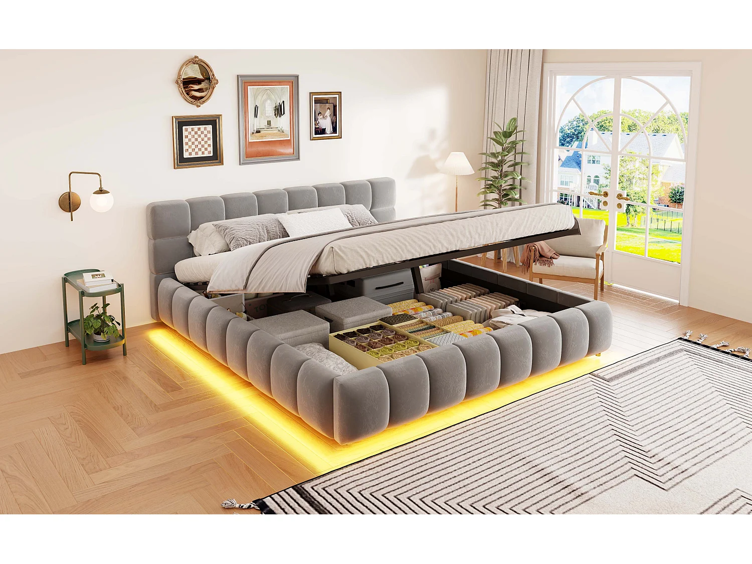 Opbergbed van 160 x 200 cm met hydraulisch opbergsysteem en ledverlichting - Fluweel - Grijs (Matras niet inbegrepen)