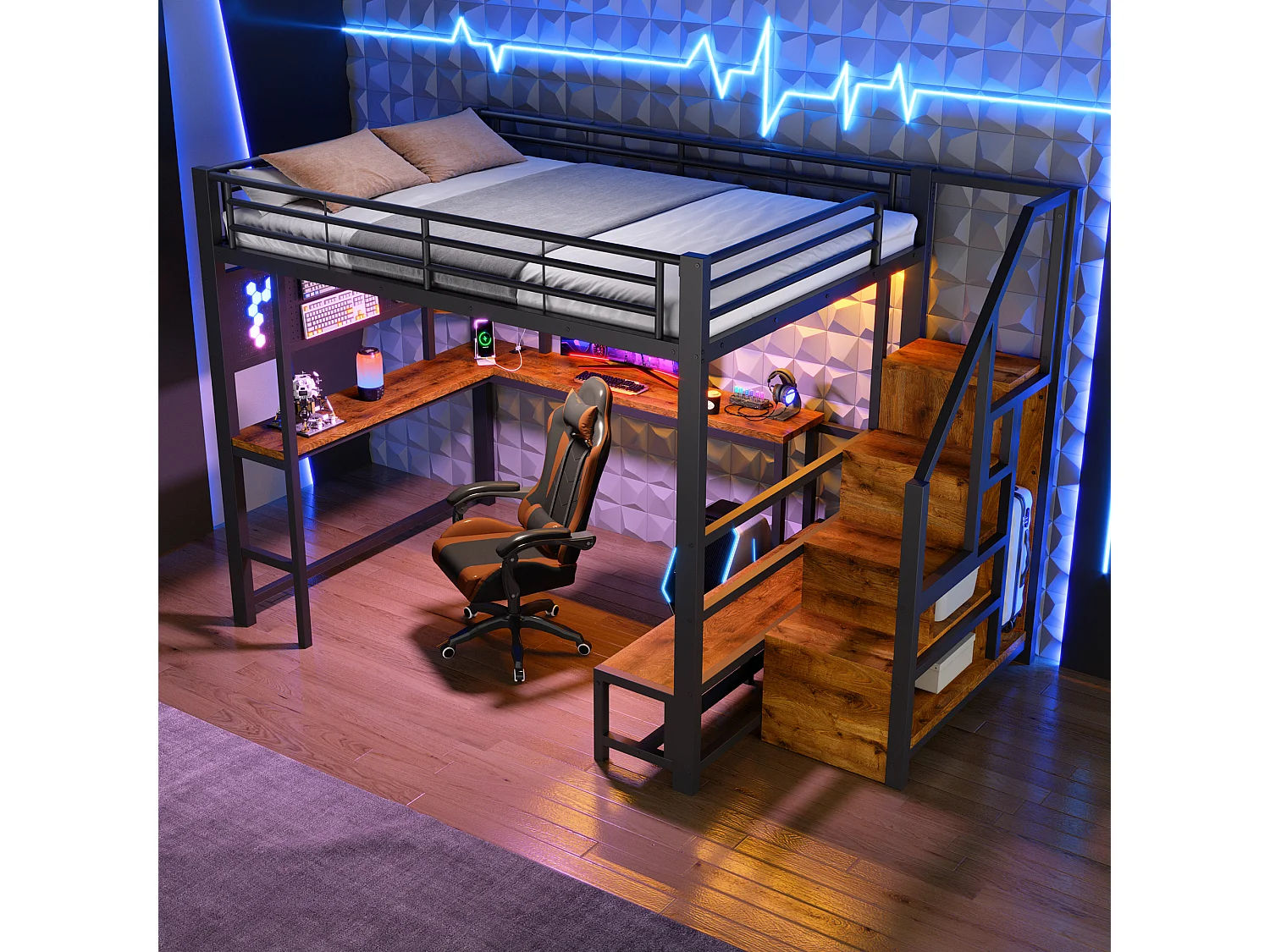 Loft bed 140 x 200 cm with desk, pegboard, shelves, LED and USB/USB-C ports - Metal + MDF - Black (Mattress not included)