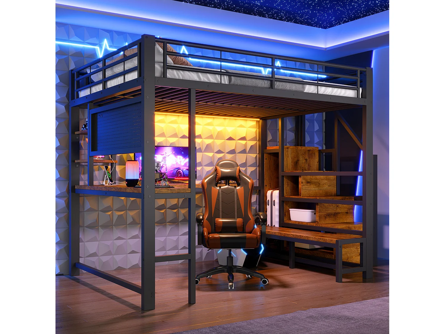 Loft bed 140 x 200 cm with desk, pegboard, shelves, LED and USB/USB-C ports - Metal + MDF - Black (Mattress not included)