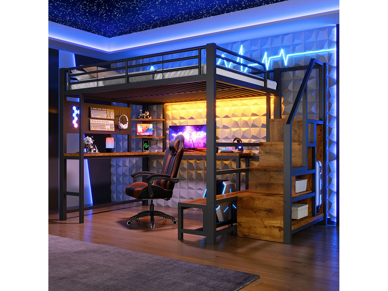 Loft bed 140 x 200 cm with desk, pegboard, shelves, LED and USB/USB-C ports - Metal + MDF - Black (Mattress not included)