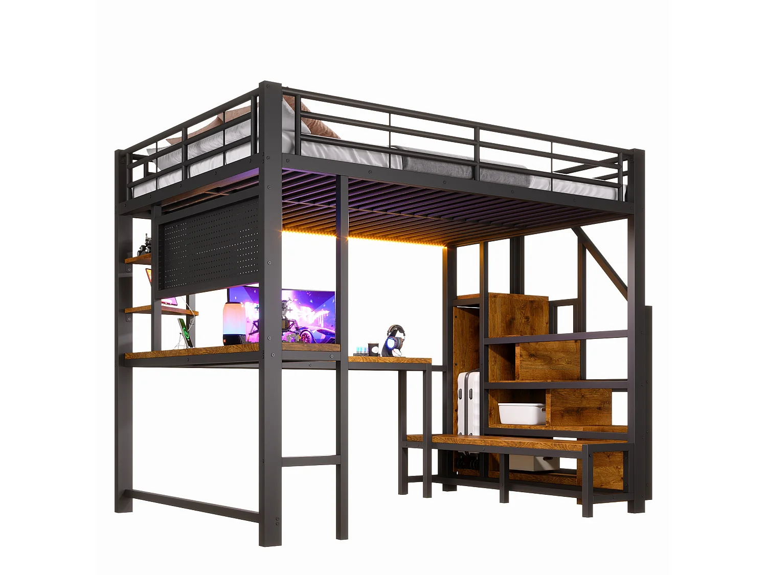 Loft bed 140 x 200 cm with desk, pegboard, shelves, LED and USB/USB-C ports - Metal + MDF - Black (Mattress not included)