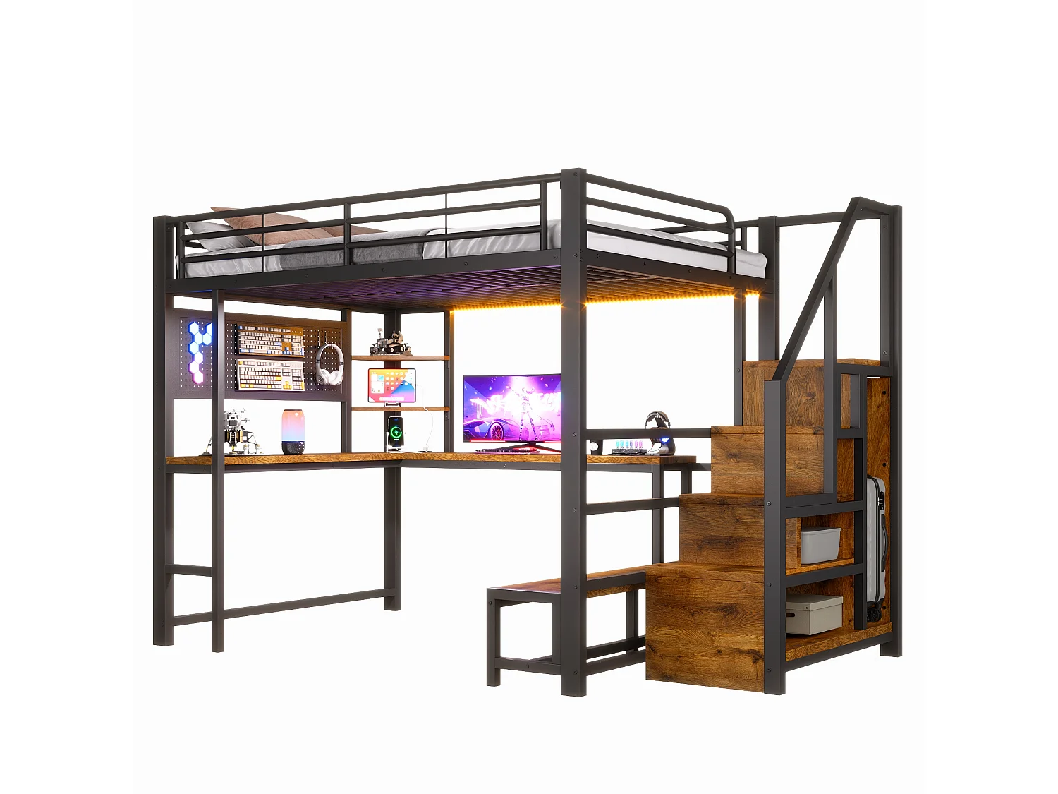 Loft bed 140 x 200 cm with desk, pegboard, shelves, LED and USB/USB-C ports - Metal + MDF - Black (Mattress not included)