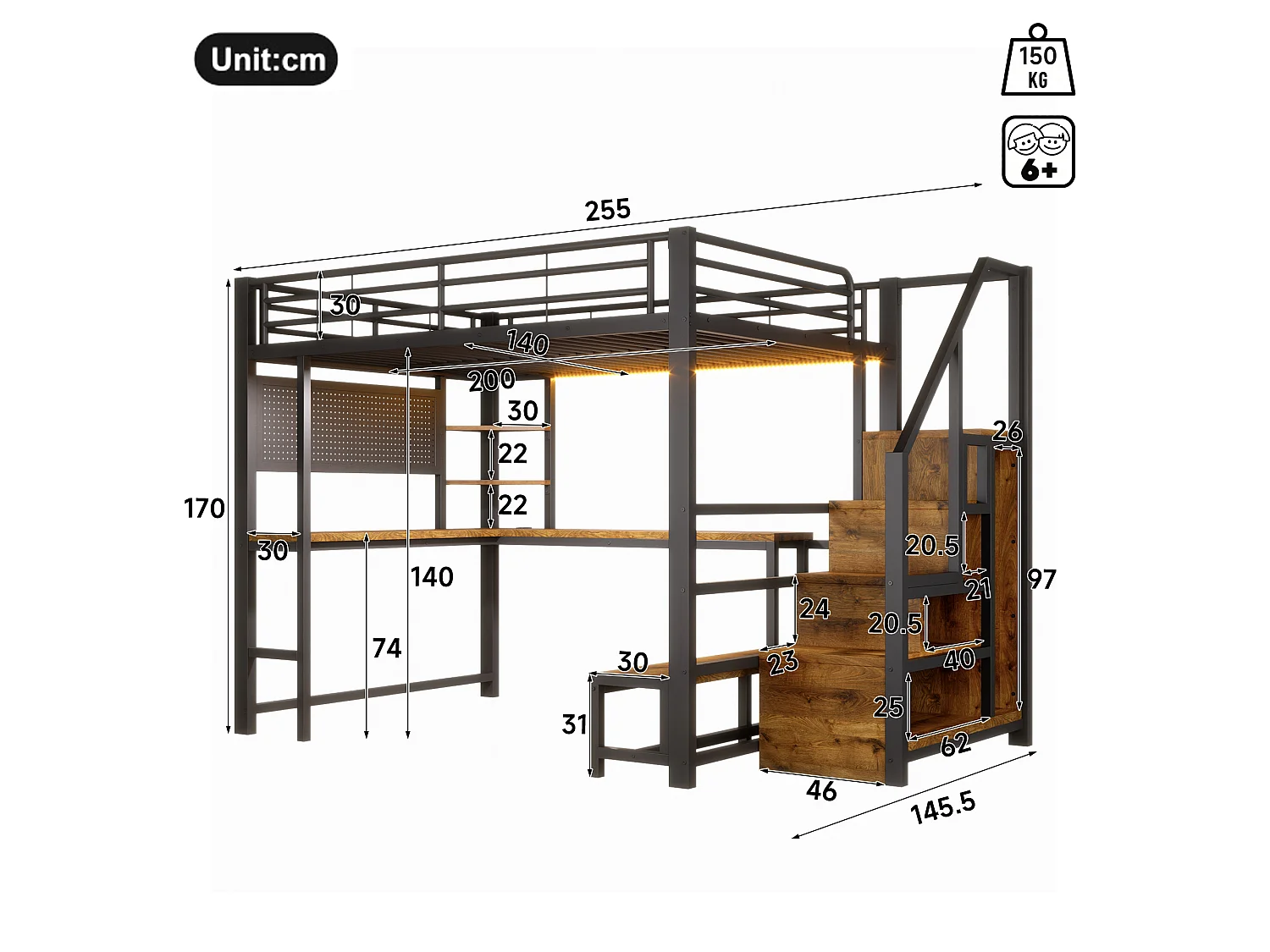 Loft bed 140 x 200 cm with desk, pegboard, shelves, LED and USB/USB-C ports - Metal + MDF - Black (Mattress not included)