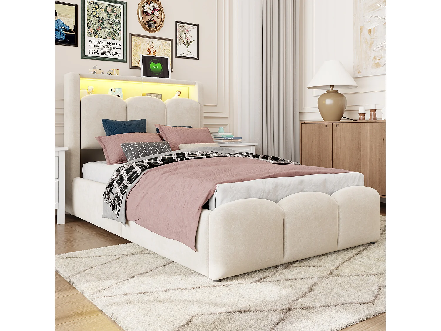90 x 200 cm Stauraumbett mit Kopfteil, USB- und Typ-C-Anschlüssen und LED-Beleuchtung - Samt - Beige (Matratze nicht im Lieferumfang enthalten)