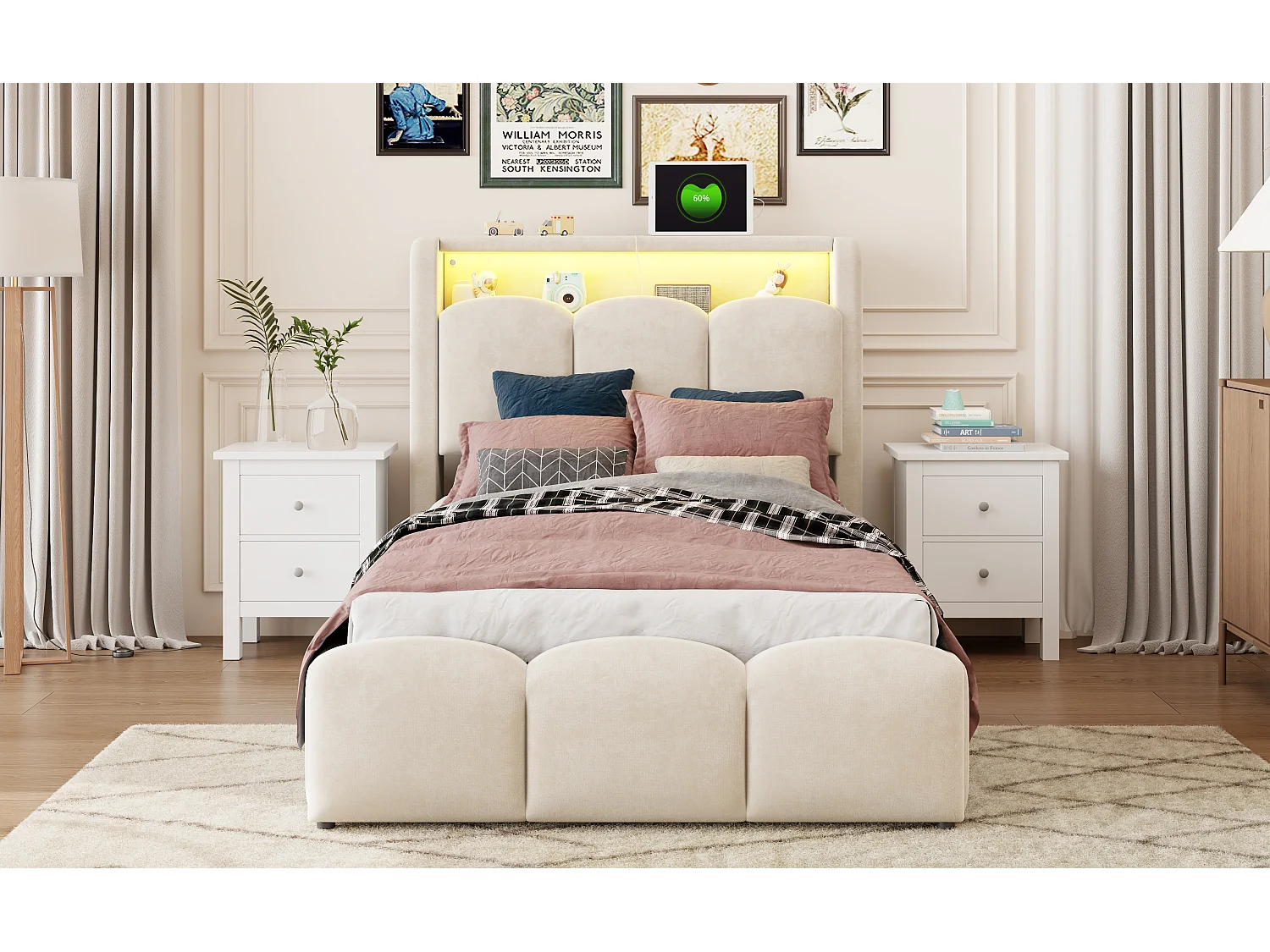 90 x 200 cm Stauraumbett mit Kopfteil, USB- und Typ-C-Anschlüssen und LED-Beleuchtung - Samt - Beige (Matratze nicht im Lieferumfang enthalten)