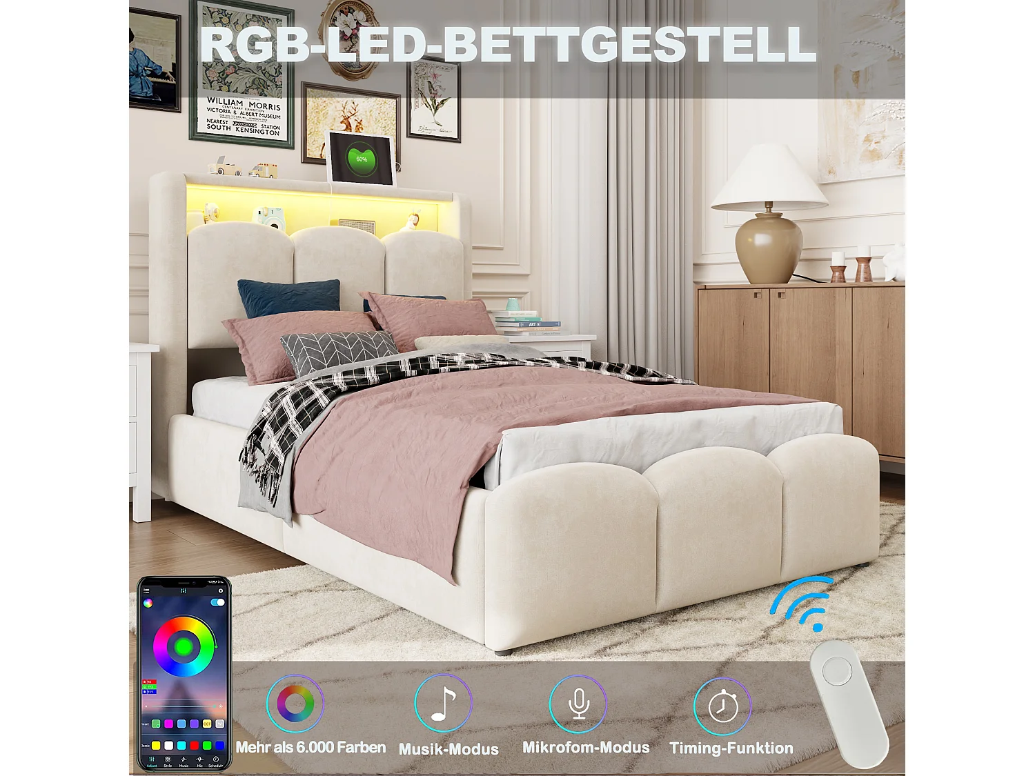 90 x 200 cm Stauraumbett mit Kopfteil, USB- und Typ-C-Anschlüssen und LED-Beleuchtung - Samt - Beige (Matratze nicht im Lieferumfang enthalten)