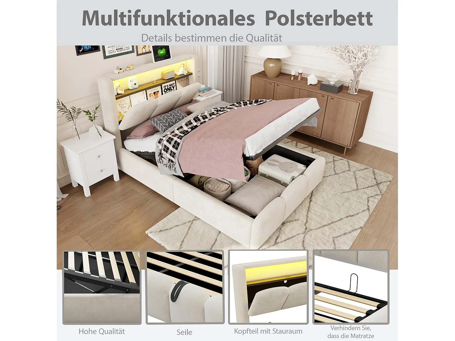 90 x 200 cm Stauraumbett mit Kopfteil, USB- und Typ-C-Anschlüssen und LED-Beleuchtung - Samt - Beige (Matratze nicht im Lieferumfang enthalten)