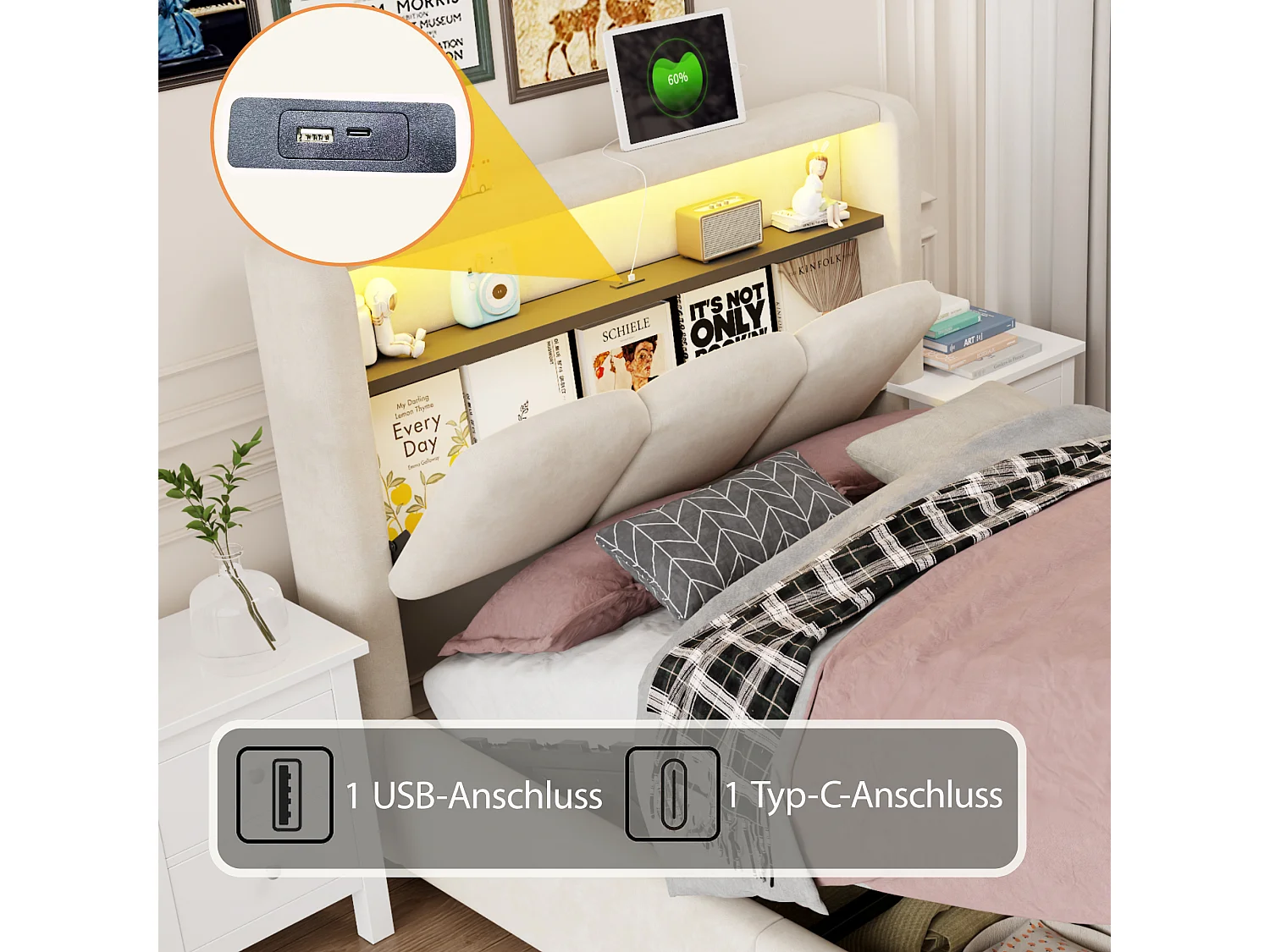 90 x 200 cm Stauraumbett mit Kopfteil, USB- und Typ-C-Anschlüssen und LED-Beleuchtung - Samt - Beige (Matratze nicht im Lieferumfang enthalten)