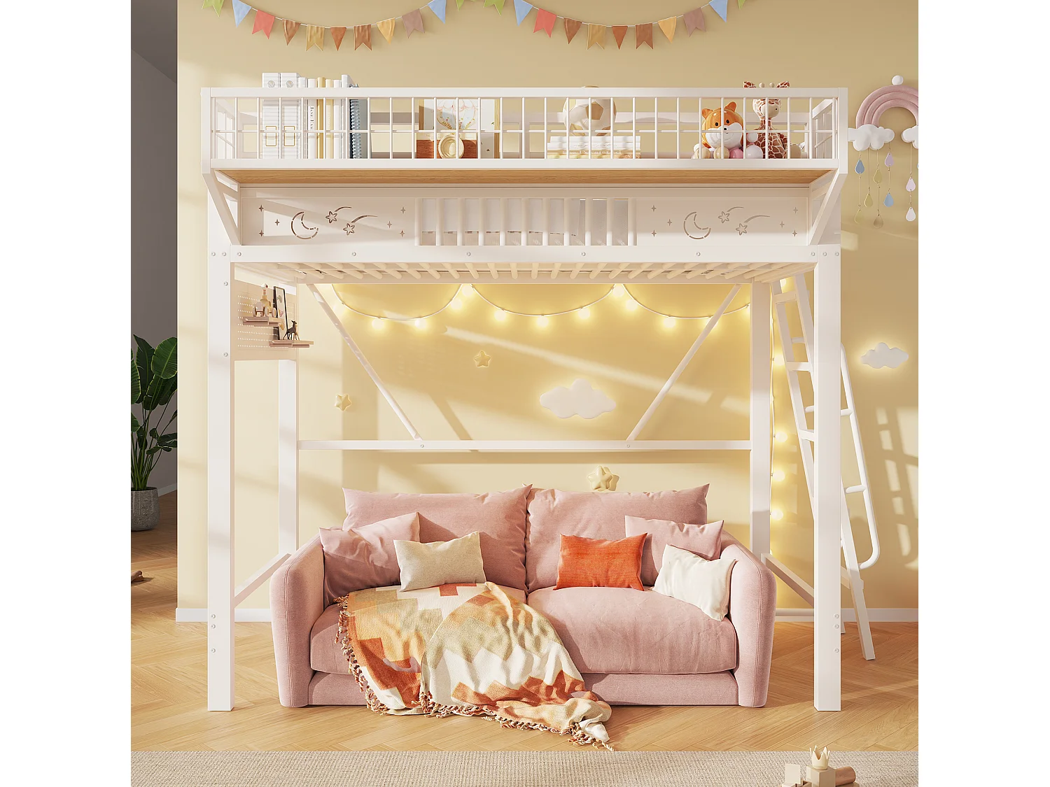 Children's mezzanine bed 90 x 200 cm in metal with side storage and reversible staircase - Metal - White (Mattress not included)