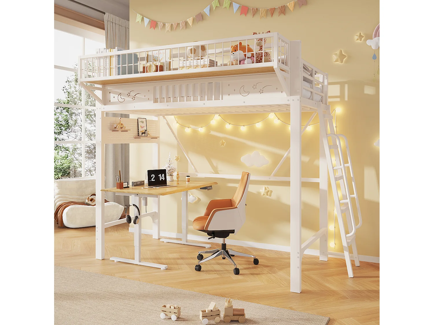 Children's mezzanine bed 90 x 200 cm in metal with side storage and reversible staircase - Metal - White (Mattress not included)