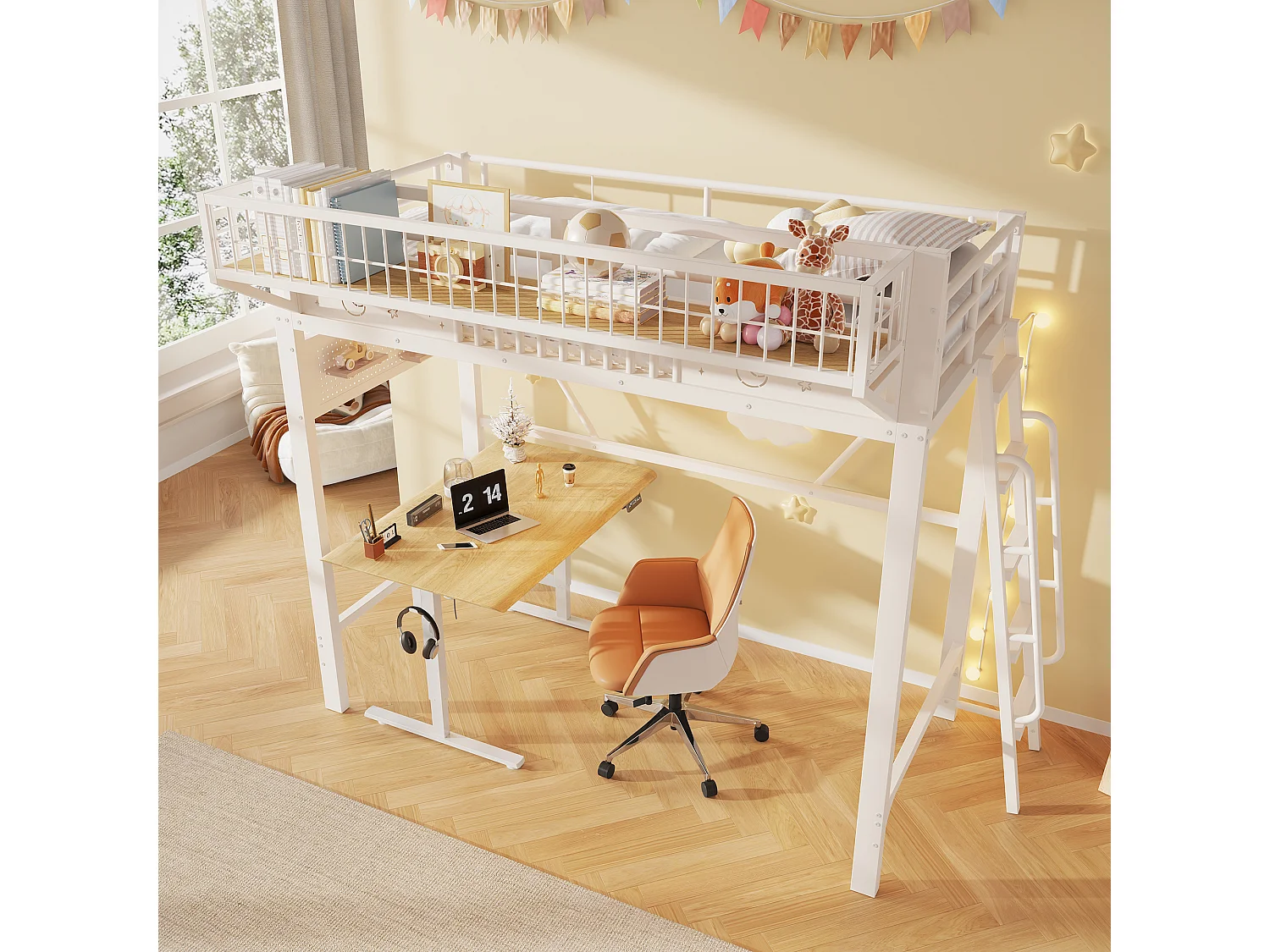 Children's mezzanine bed 90 x 200 cm in metal with side storage and reversible staircase - Metal - White (Mattress not included)