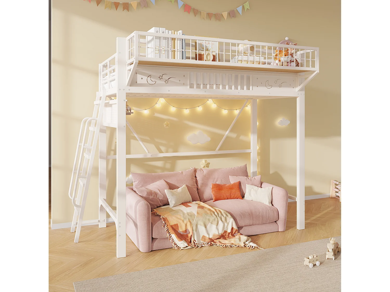 Children's mezzanine bed 90 x 200 cm in metal with side storage and reversible staircase - Metal - White (Mattress not included)