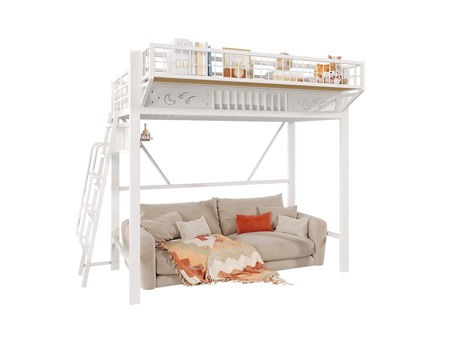 Children's mezzanine bed 90 x 200 cm in metal with side storage and reversible staircase - Metal - White (Mattress not included)
