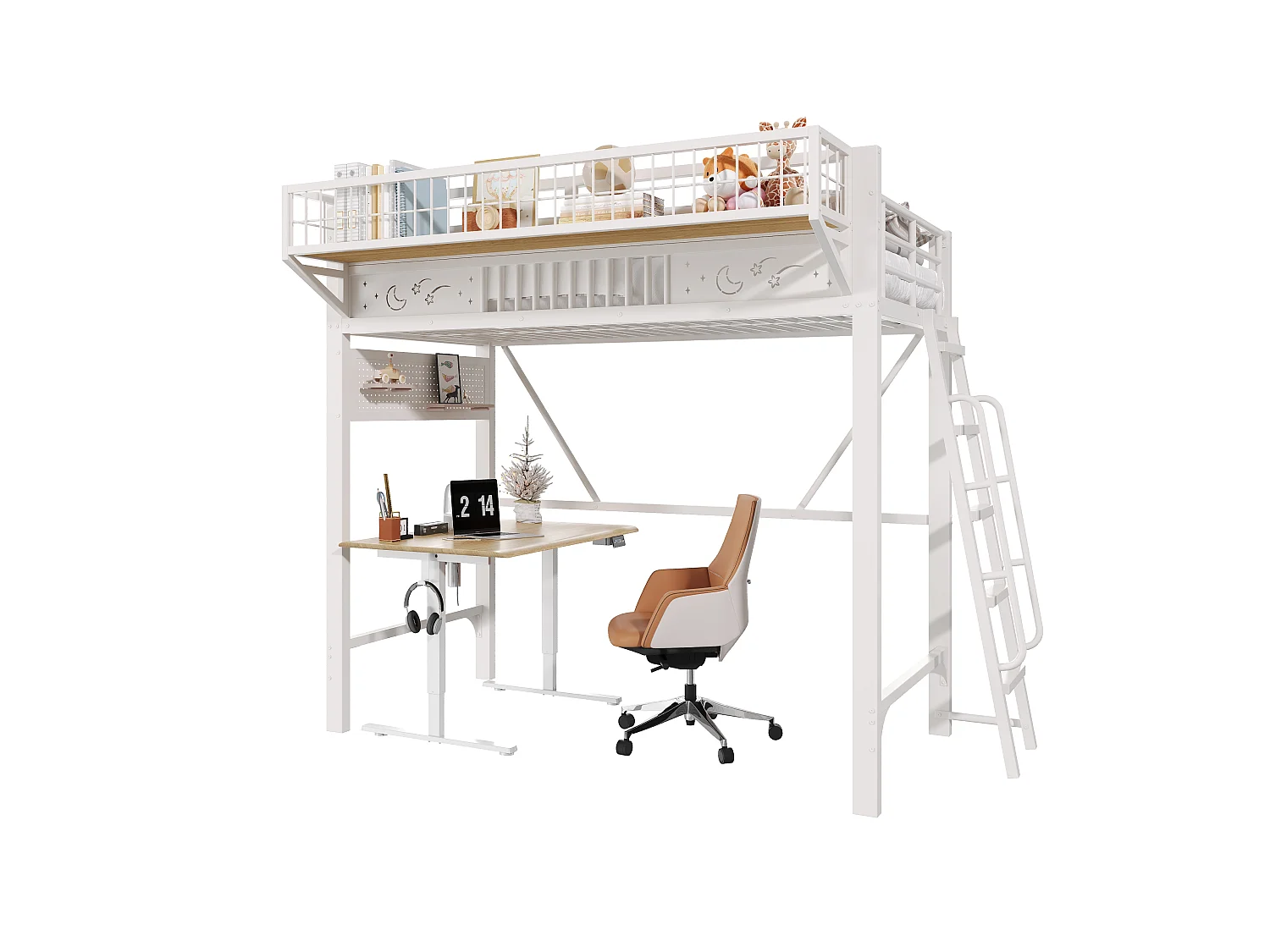 Children's mezzanine bed 90 x 200 cm in metal with side storage and reversible staircase - Metal - White (Mattress not included)