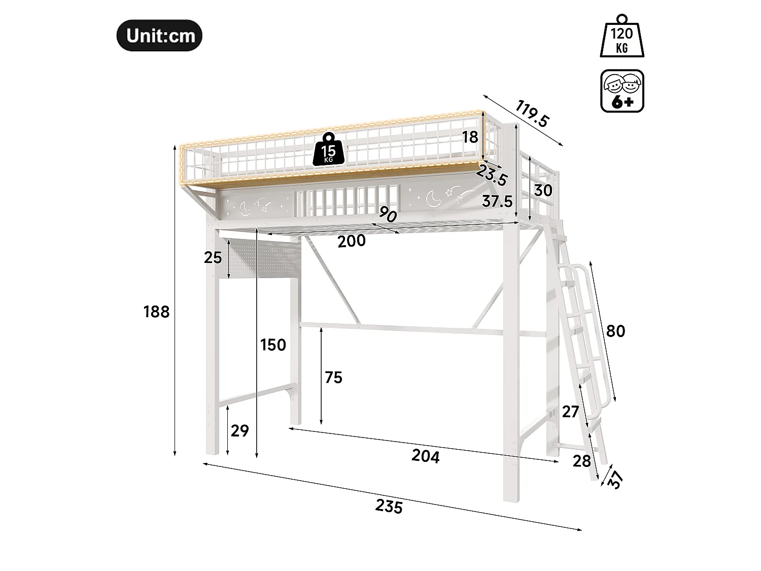 Children's mezzanine bed 90 x 200 cm in metal with side storage and reversible staircase - Metal - White (Mattress not included)