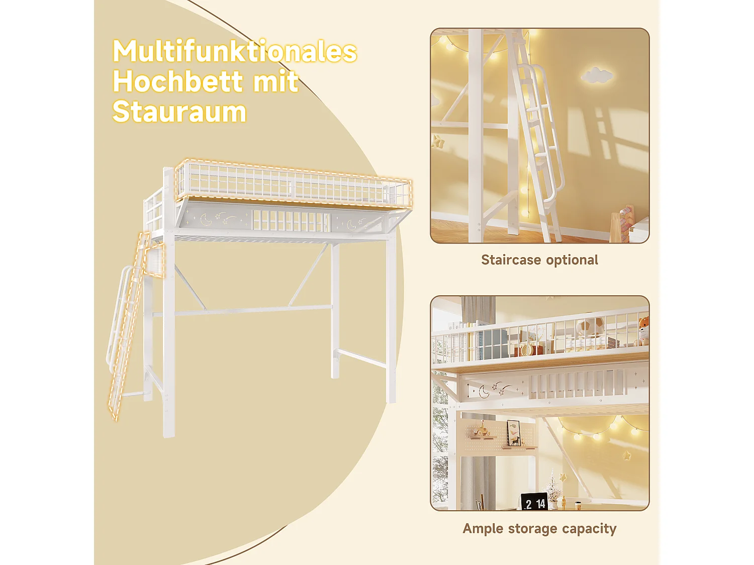 Children's mezzanine bed 90 x 200 cm in metal with side storage and reversible staircase - Metal - White (Mattress not included)