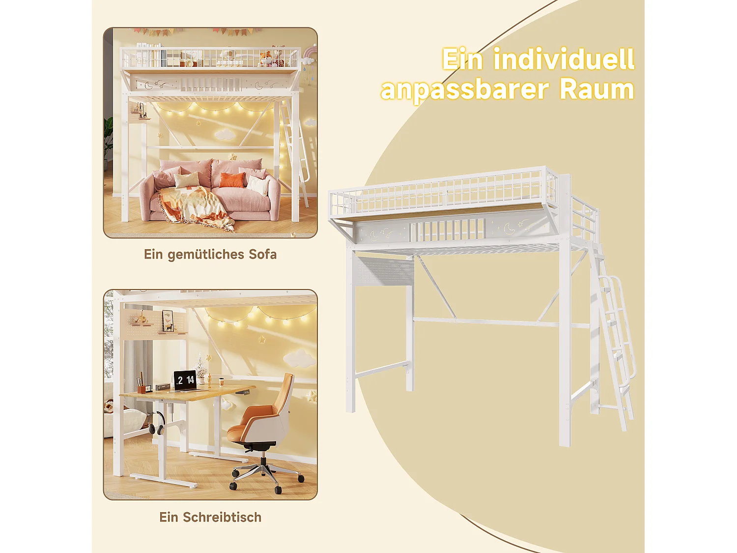 Children's mezzanine bed 90 x 200 cm in metal with side storage and reversible staircase - Metal - White (Mattress not included)