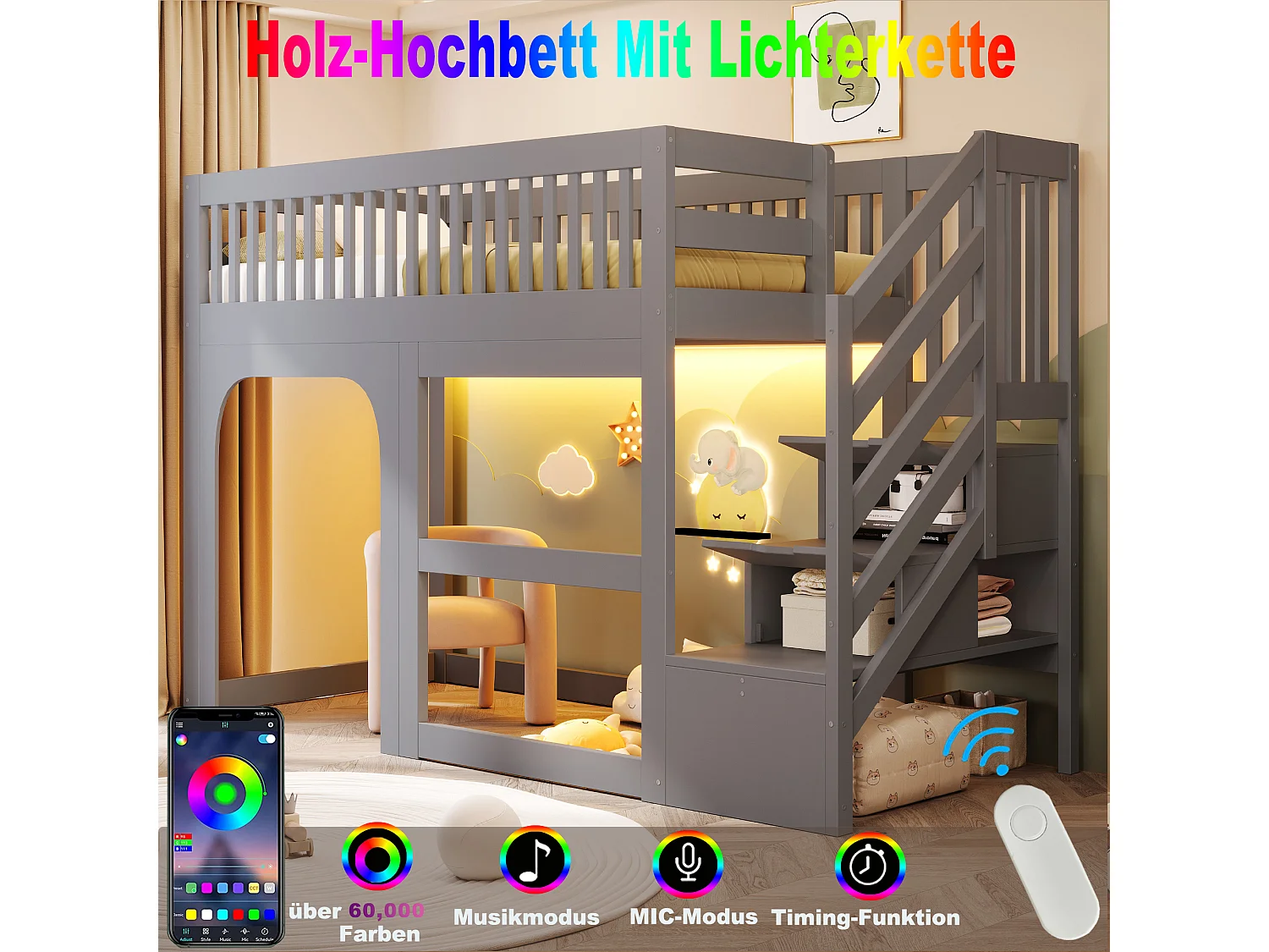 Hochbett 90 x 200 cm mit Stauraumtreppe, Spielbereich und LED-Beleuchtung - Holz - Grau (Matratze nicht im Lieferumfang enthalten)