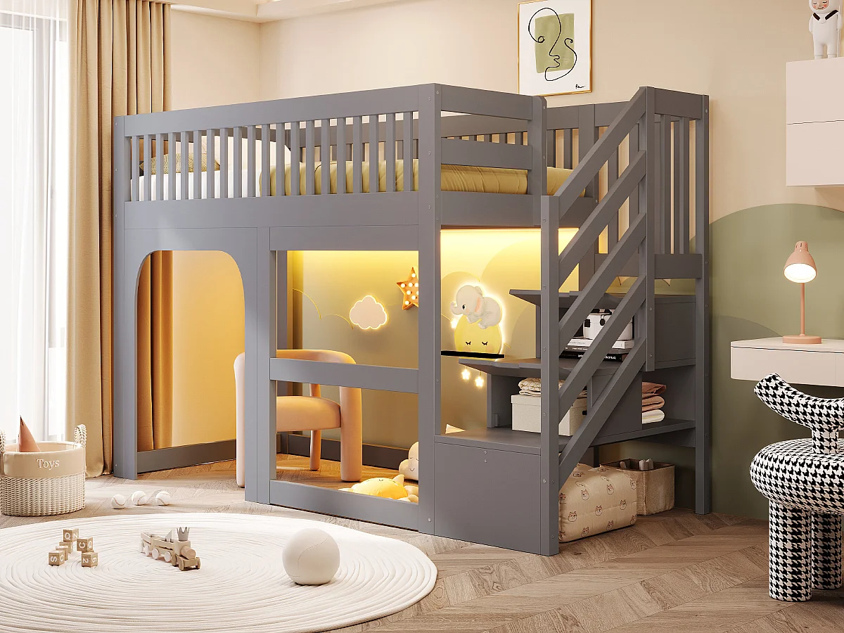 Hochbett 90 x 200 cm mit Stauraumtreppe, Spielbereich und LED-Beleuchtung - Holz - Grau (Matratze nicht im Lieferumfang enthalten)