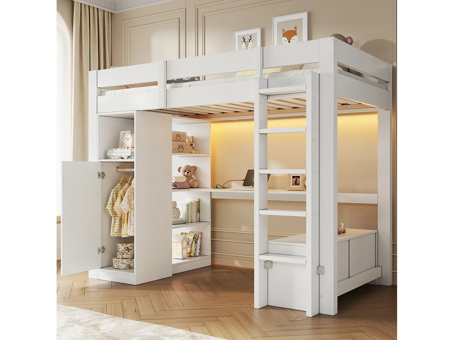 Loft bed 90 x 200 cm with wardrobe, desk, 4 shelves, LED lighting and charging station - Pine + MDF - White (Mattress not included)