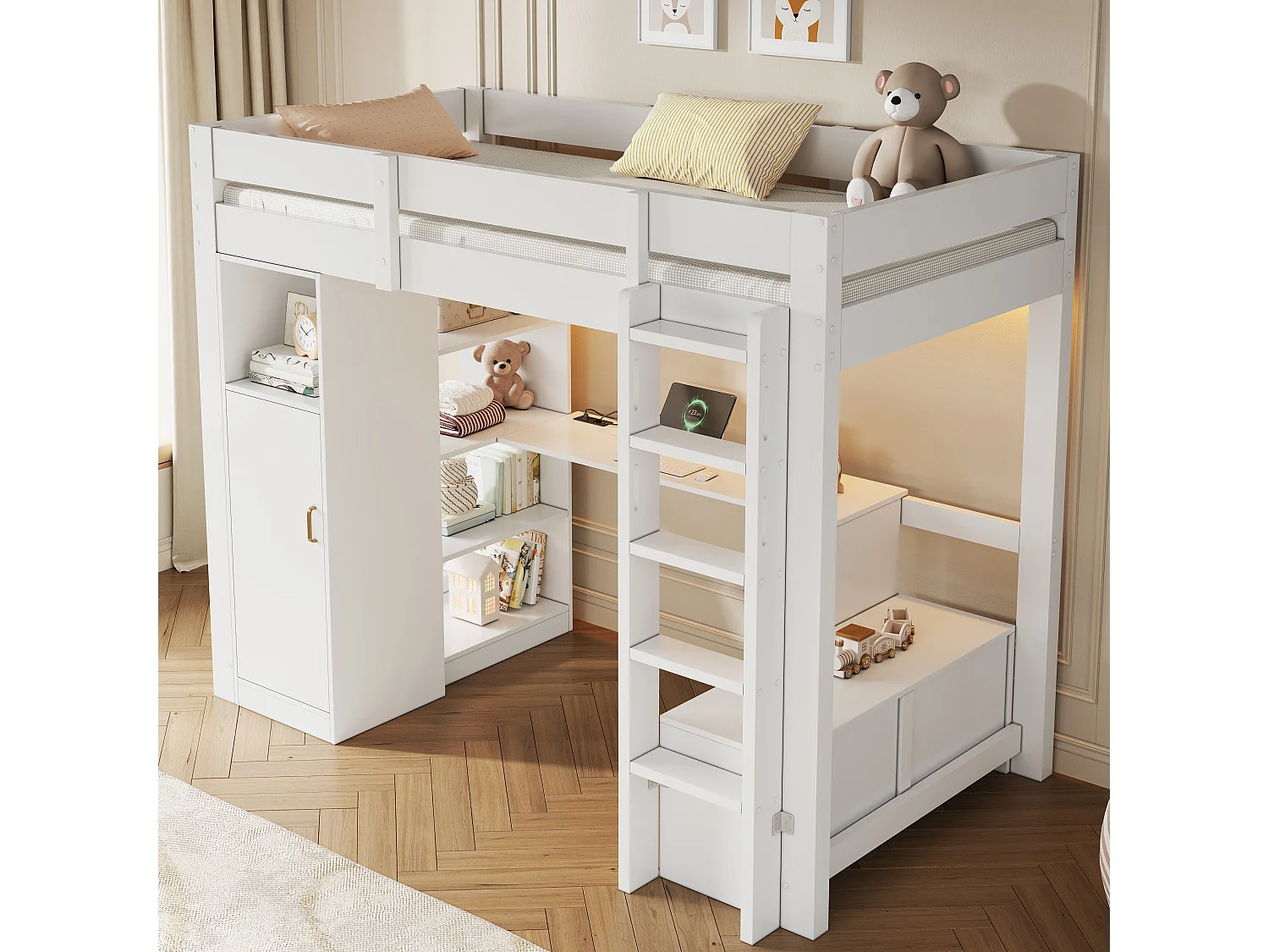 Loft bed 90 x 200 cm with wardrobe, desk, 4 shelves, LED lighting and charging station - Pine + MDF - White (Mattress not included)