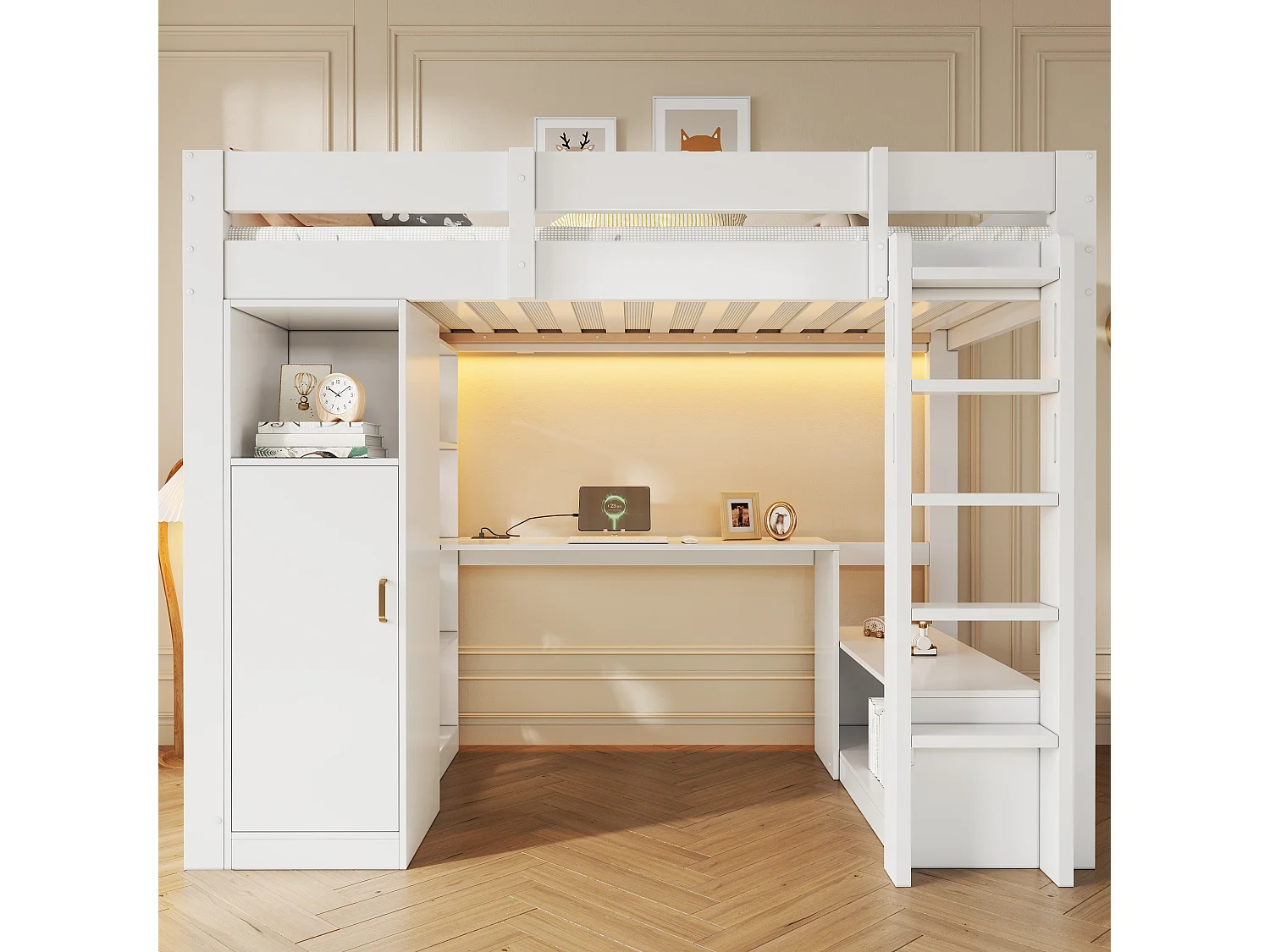Loft bed 90 x 200 cm with wardrobe, desk, 4 shelves, LED lighting and charging station - Pine + MDF - White (Mattress not included)