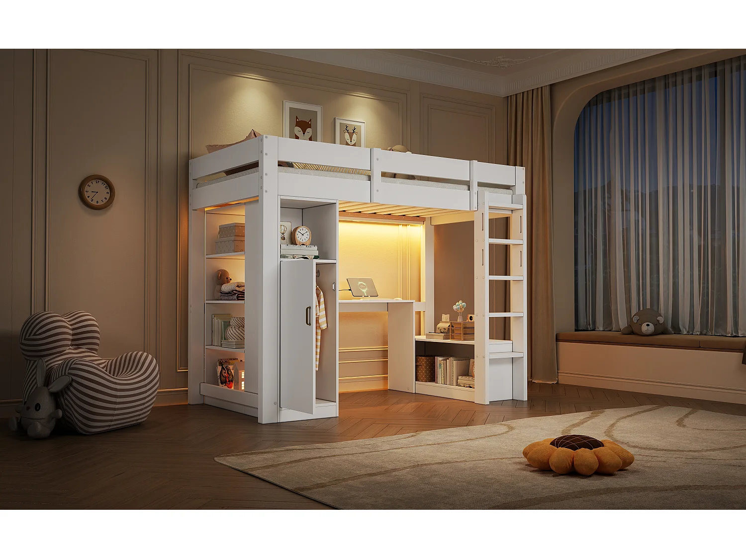 Loft bed 90 x 200 cm with wardrobe, desk, 4 shelves, LED lighting and charging station - Pine + MDF - White (Mattress not included)