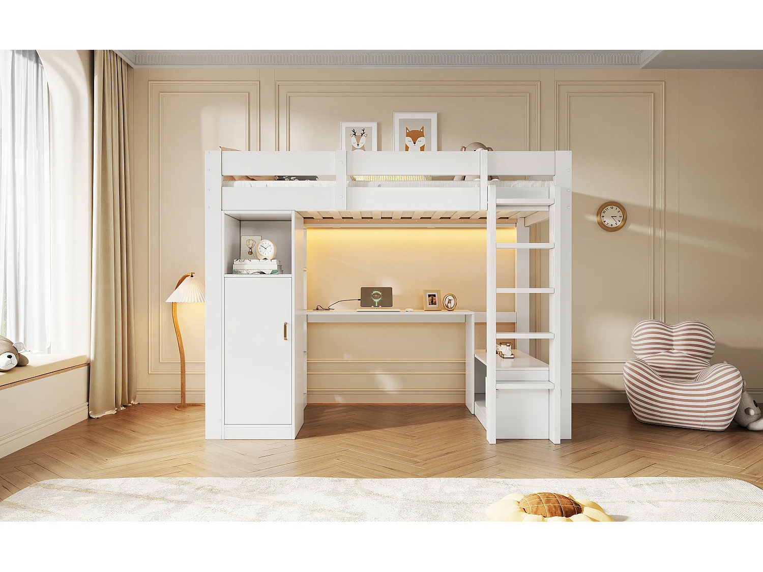 Loft bed 90 x 200 cm with wardrobe, desk, 4 shelves, LED lighting and charging station - Pine + MDF - White (Mattress not included)