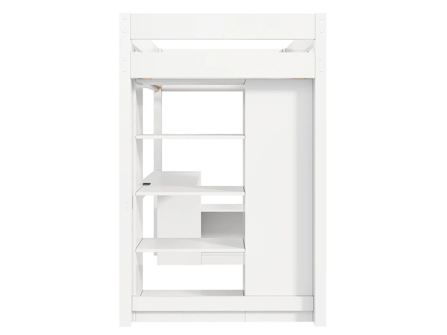 Loft bed 90 x 200 cm with wardrobe, desk, 4 shelves, LED lighting and charging station - Pine + MDF - White (Mattress not included)