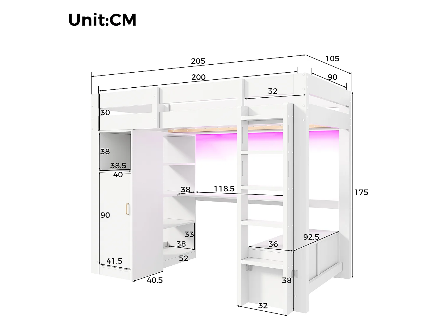 Loft bed 90 x 200 cm with wardrobe, desk, 4 shelves, LED lighting and charging station - Pine + MDF - White (Mattress not included)
