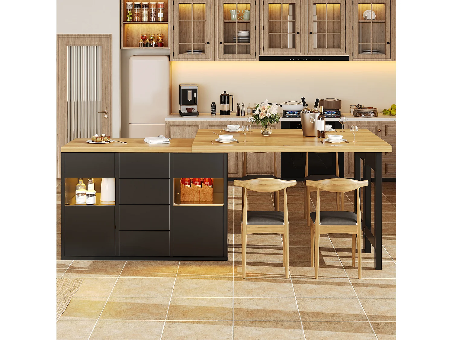 360° drehbare Kücheninsel mit RGB-LED-Beleuchtung, 2 Glastüren und 4 Schubladen – 120–197 x 40 x 73,8 cm – MDF/Metall – Schwarz