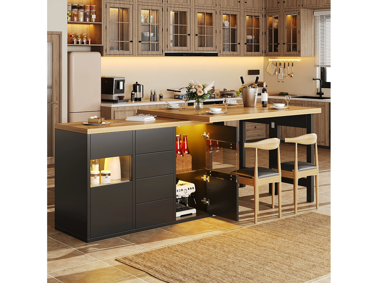 360° drehbare Kücheninsel mit RGB-LED-Beleuchtung, 2 Glastüren und 4 Schubladen – 120–197 x 40 x 73,8 cm – MDF/Metall – Schwarz