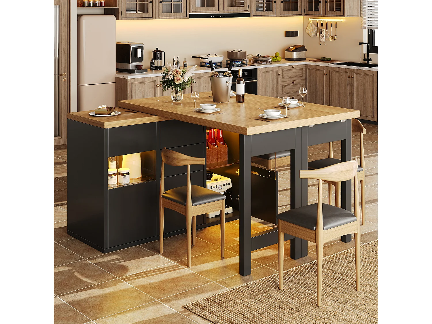360° drehbare Kücheninsel mit RGB-LED-Beleuchtung, 2 Glastüren und 4 Schubladen – 120–197 x 40 x 73,8 cm – MDF/Metall – Schwarz