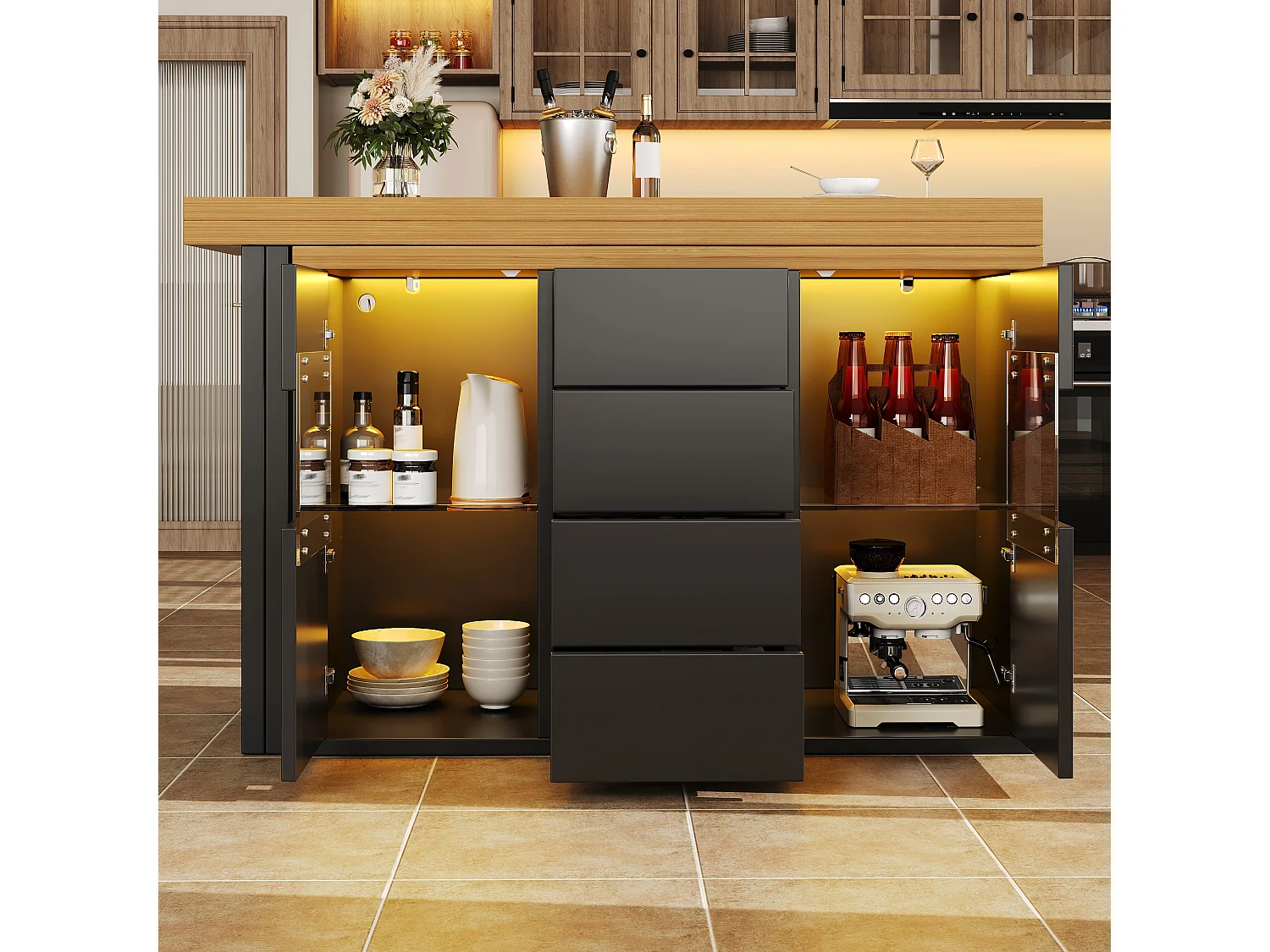 360° drehbare Kücheninsel mit RGB-LED-Beleuchtung, 2 Glastüren und 4 Schubladen – 120–197 x 40 x 73,8 cm – MDF/Metall – Schwarz