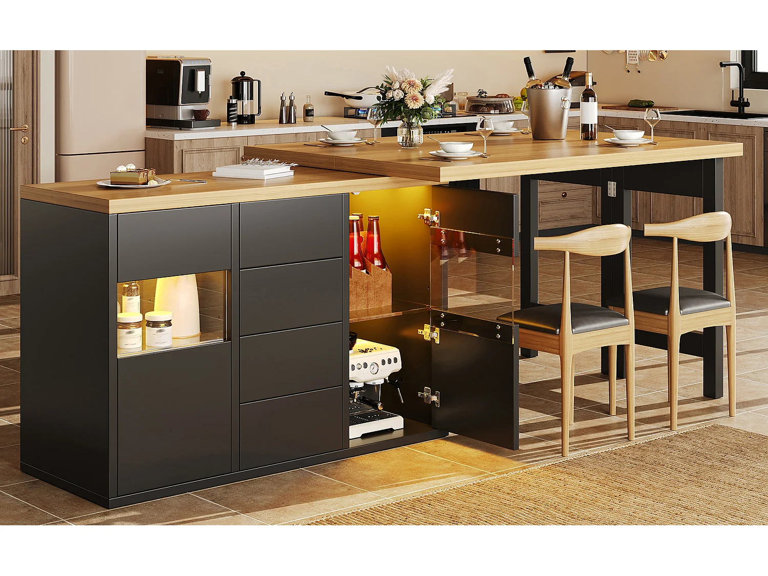 360° drehbare Kücheninsel mit RGB-LED-Beleuchtung, 2 Glastüren und 4 Schubladen – 120–197 x 40 x 73,8 cm – MDF/Metall – Schwarz