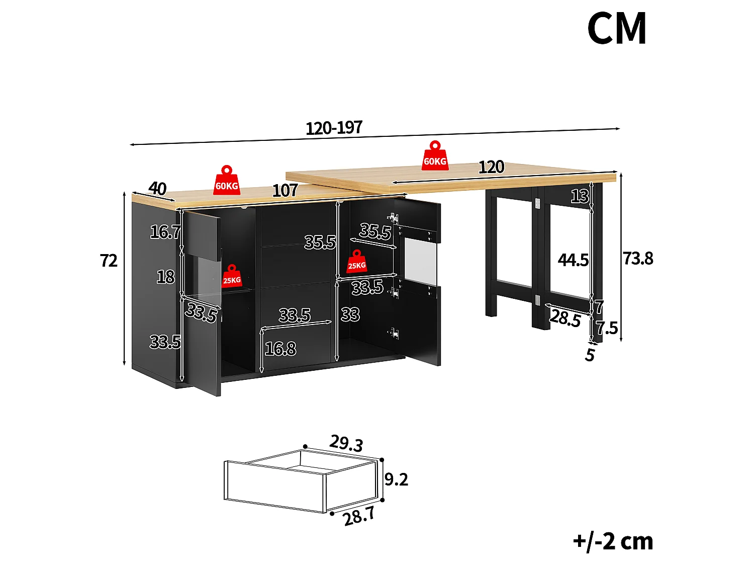 360° drehbare Kücheninsel mit RGB-LED-Beleuchtung, 2 Glastüren und 4 Schubladen – 120–197 x 40 x 73,8 cm – MDF/Metall – Schwarz