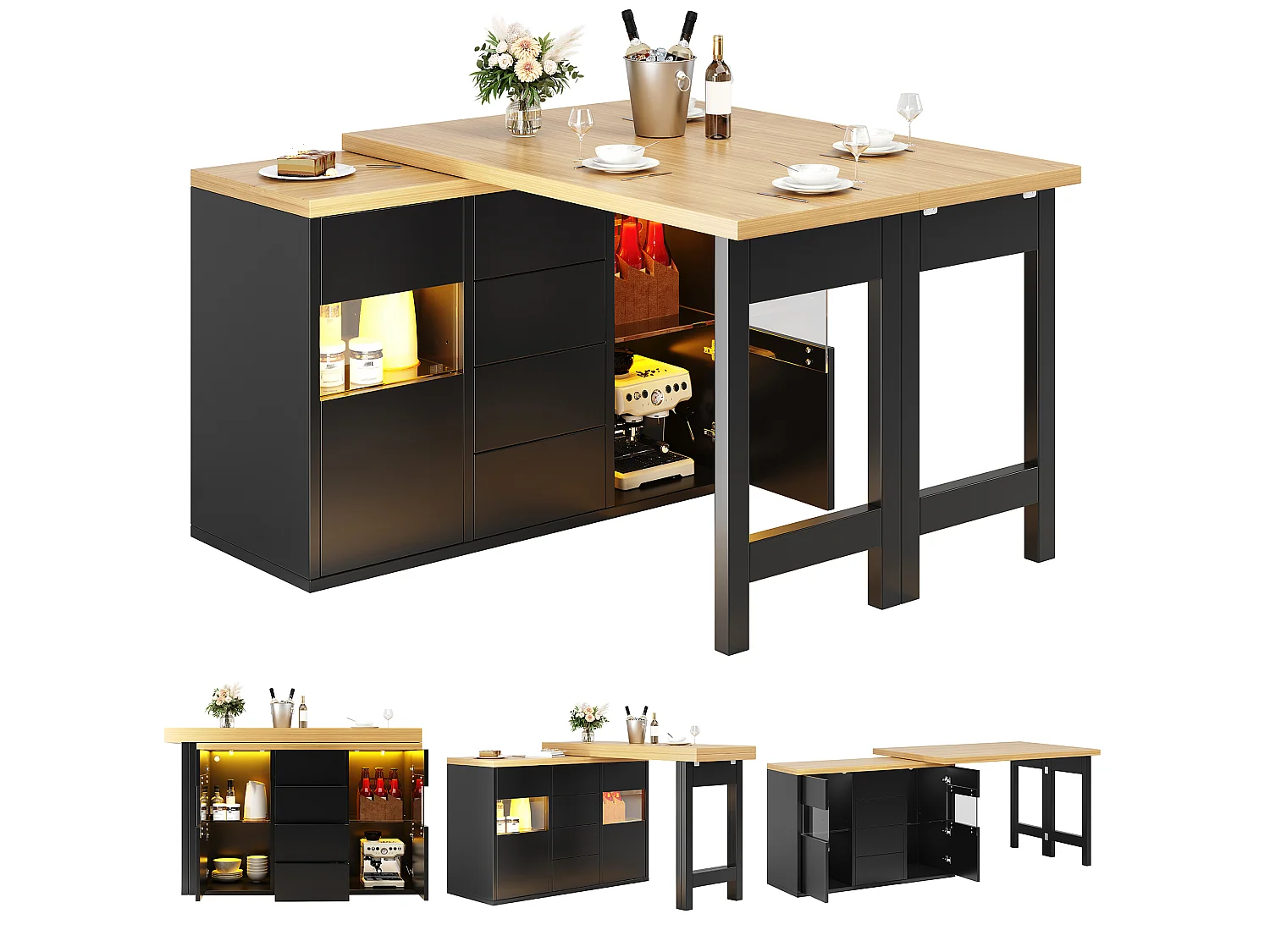 360° drehbare Kücheninsel mit RGB-LED-Beleuchtung, 2 Glastüren und 4 Schubladen – 120–197 x 40 x 73,8 cm – MDF/Metall – Schwarz