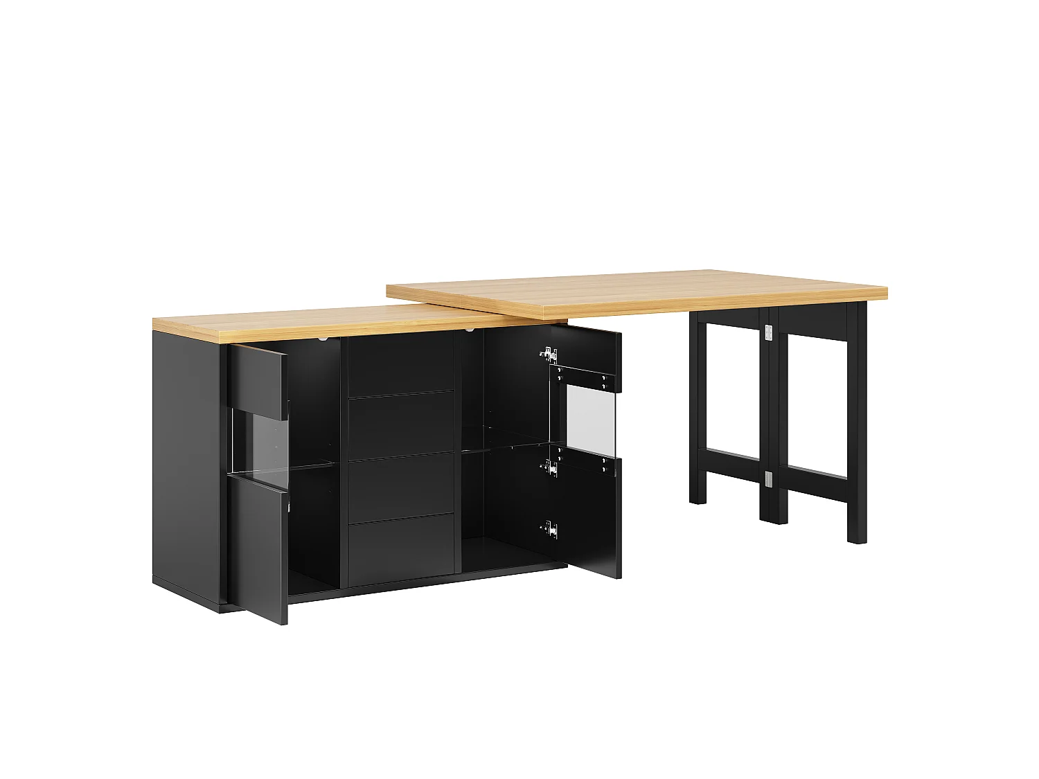 360° drehbare Kücheninsel mit RGB-LED-Beleuchtung, 2 Glastüren und 4 Schubladen – 120–197 x 40 x 73,8 cm – MDF/Metall – Schwarz