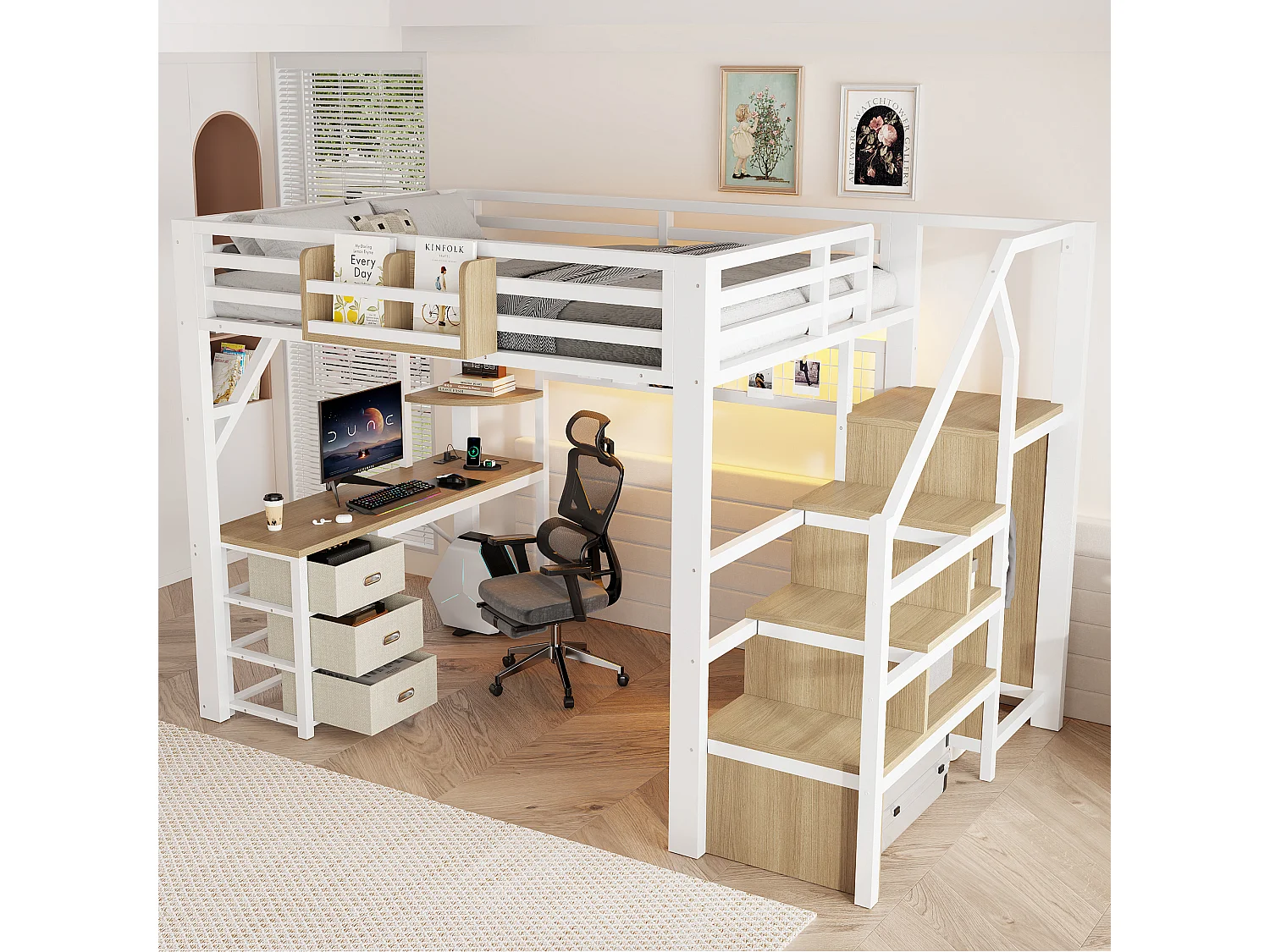 Loft bed 140 x 200 cm with desk, wardrobe, 3 fabric drawers and LED lighting - Metal - White (Mattress not included)