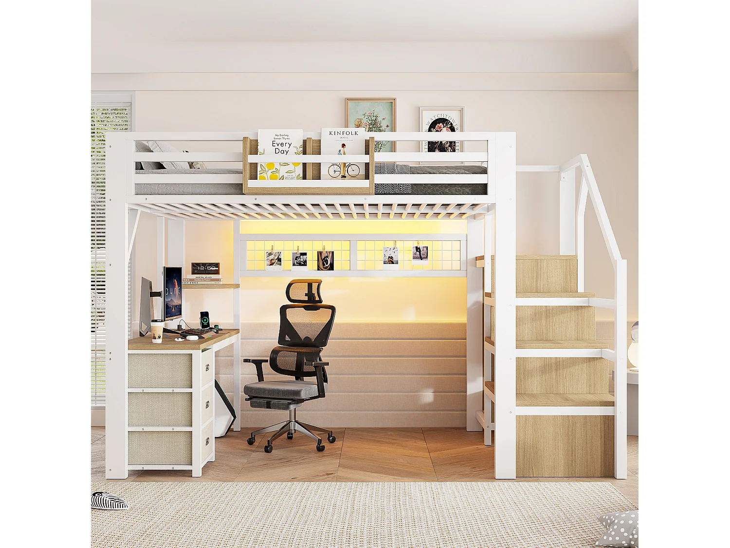 Loft bed 140 x 200 cm with desk, wardrobe, 3 fabric drawers and LED lighting - Metal - White (Mattress not included)