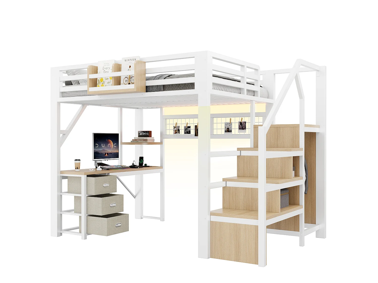 Loft bed 140 x 200 cm with desk, wardrobe, 3 fabric drawers and LED lighting - Metal - White (Mattress not included)