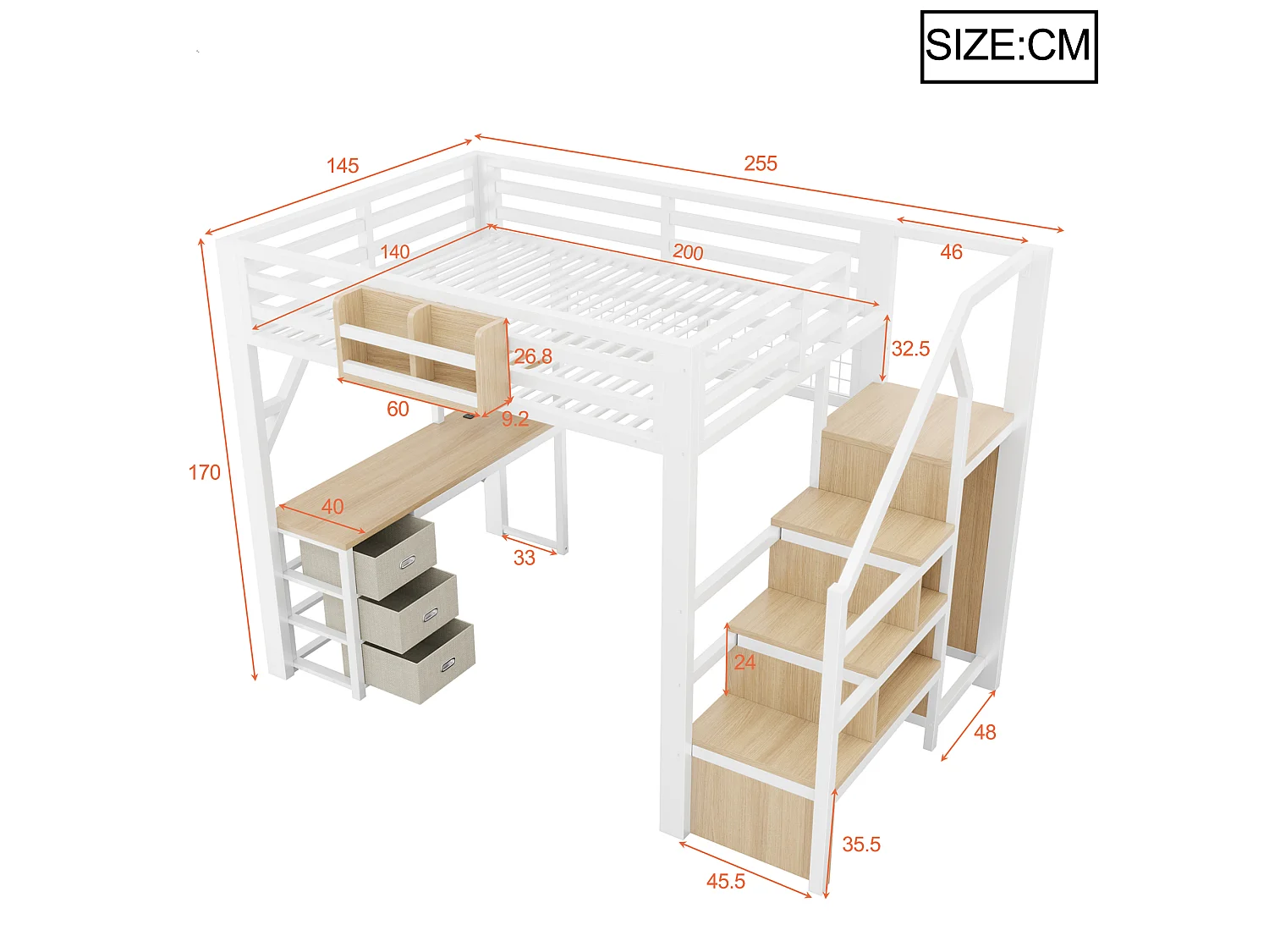 Loft bed 140 x 200 cm with desk, wardrobe, 3 fabric drawers and LED lighting - Metal - White (Mattress not included)