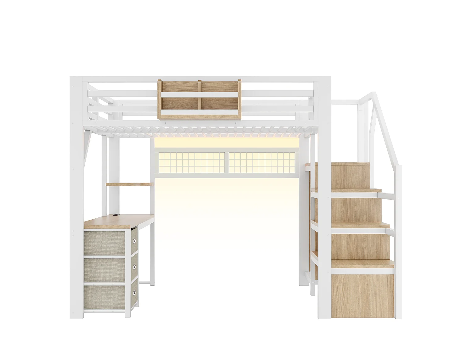 Loft bed 140 x 200 cm with desk, wardrobe, 3 fabric drawers and LED lighting - Metal - White (Mattress not included)
